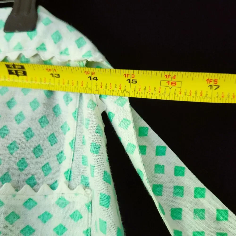 OOAK Half Apron Vintage Kitchen Turquoise Aqua White Plaid with Rick Rack Hem